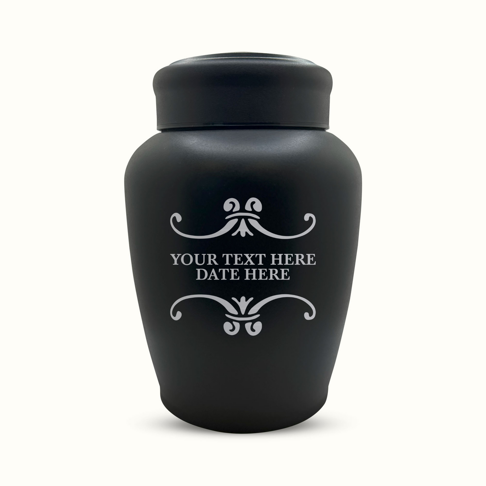 Custom Engraved Stainless Steel Human Urn with Memorial Swirl Design - Black Powder Coated Finish - 150 Cubic Inch