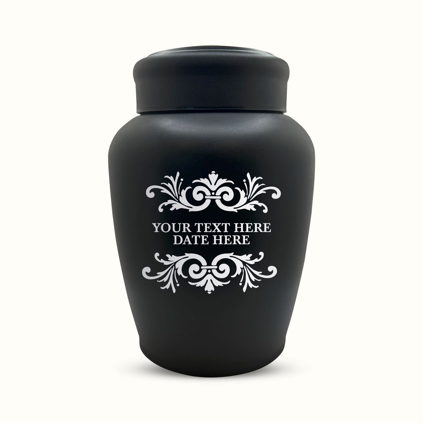 Custom Engraved Stainless Steel Human Urn with Memorial Swirl Design - Black Powder Coated Finish - 150 Cubic Inch