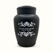 Custom Engraved Stainless Steel Human Urn with Memorial Swirl Design - Black Powder Coated Finish - 150 Cubic Inch