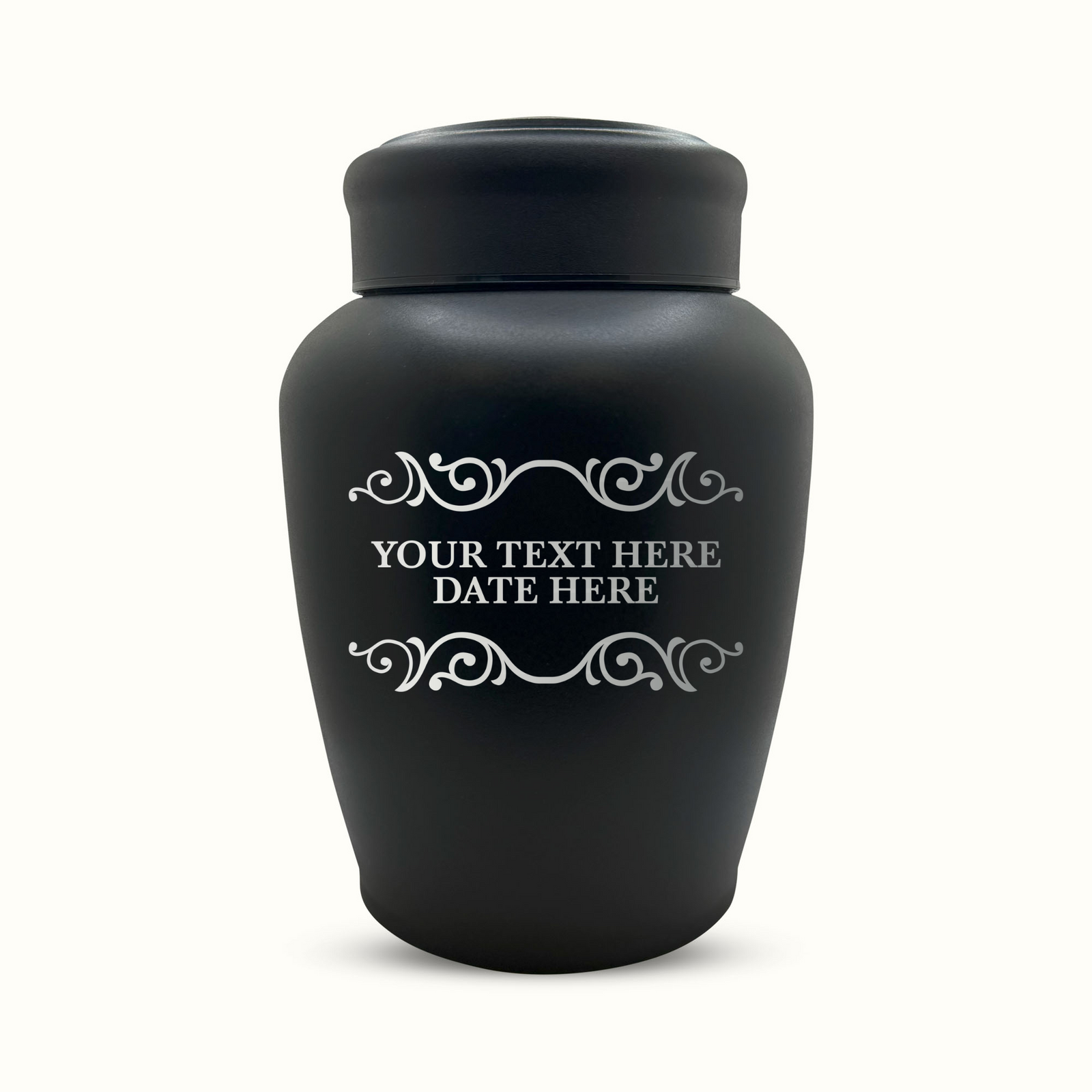 Custom Engraved Stainless Steel Human Urn with Memorial Swirl Design - Black Powder Coated Finish - 150 Cubic Inch