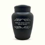 Custom Engraved Stainless Steel Human Urn with Memorial Swirl Design - Black Powder Coated Finish - 150 Cubic Inch