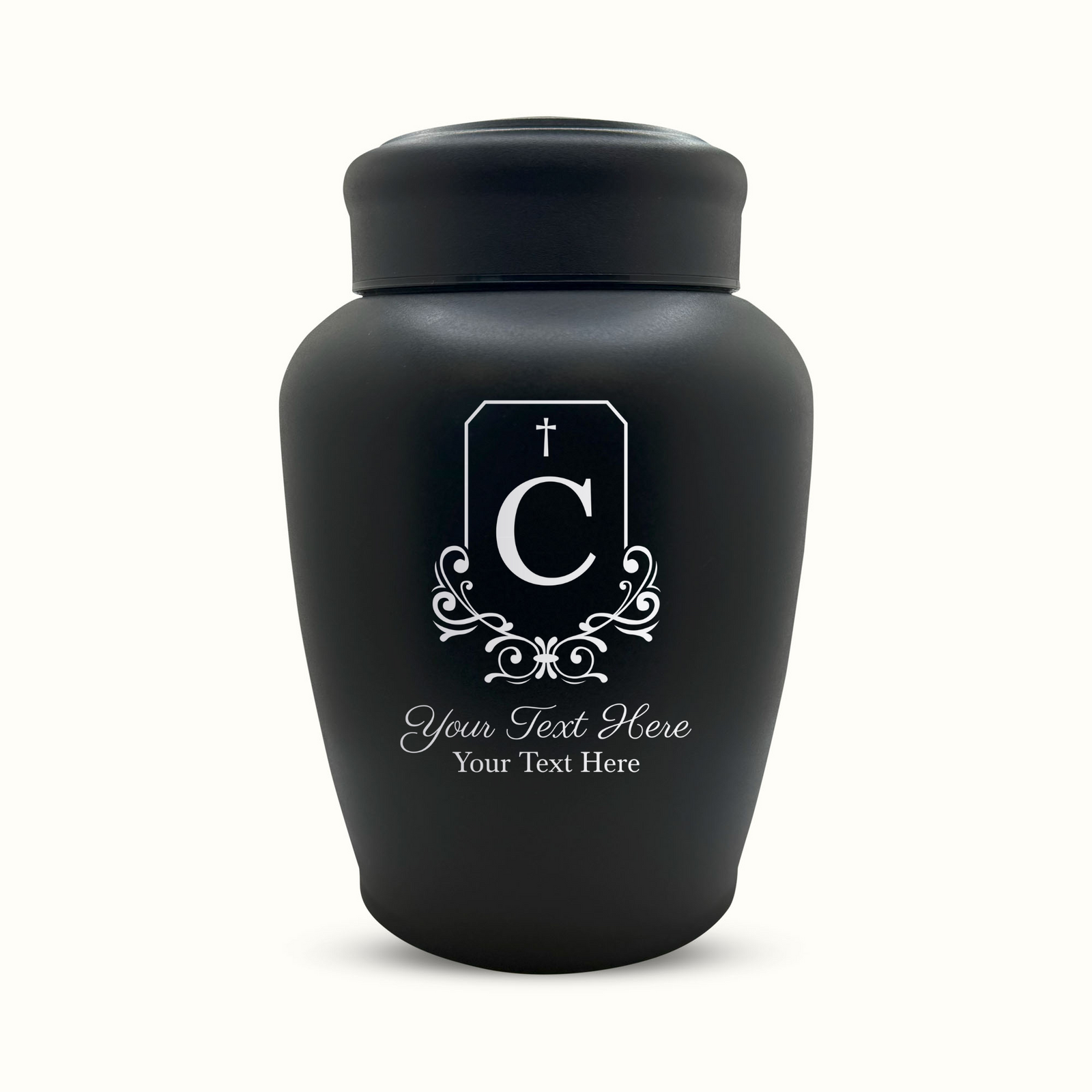 Custom Engraved Stainless Steel Human Urn with Headstone Design - Black Powder Coated Finish - 150 Cubic Inch