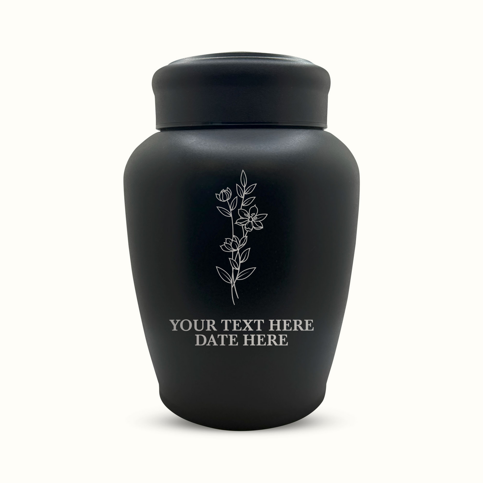 PERSONALIZED Custom Human Cremation Urn for Adult Ashes Men & Woman - Custom Engraved Stainless Steel Urn with Name Date - Black Finish urn for Human Remains-Memorial Floral 1