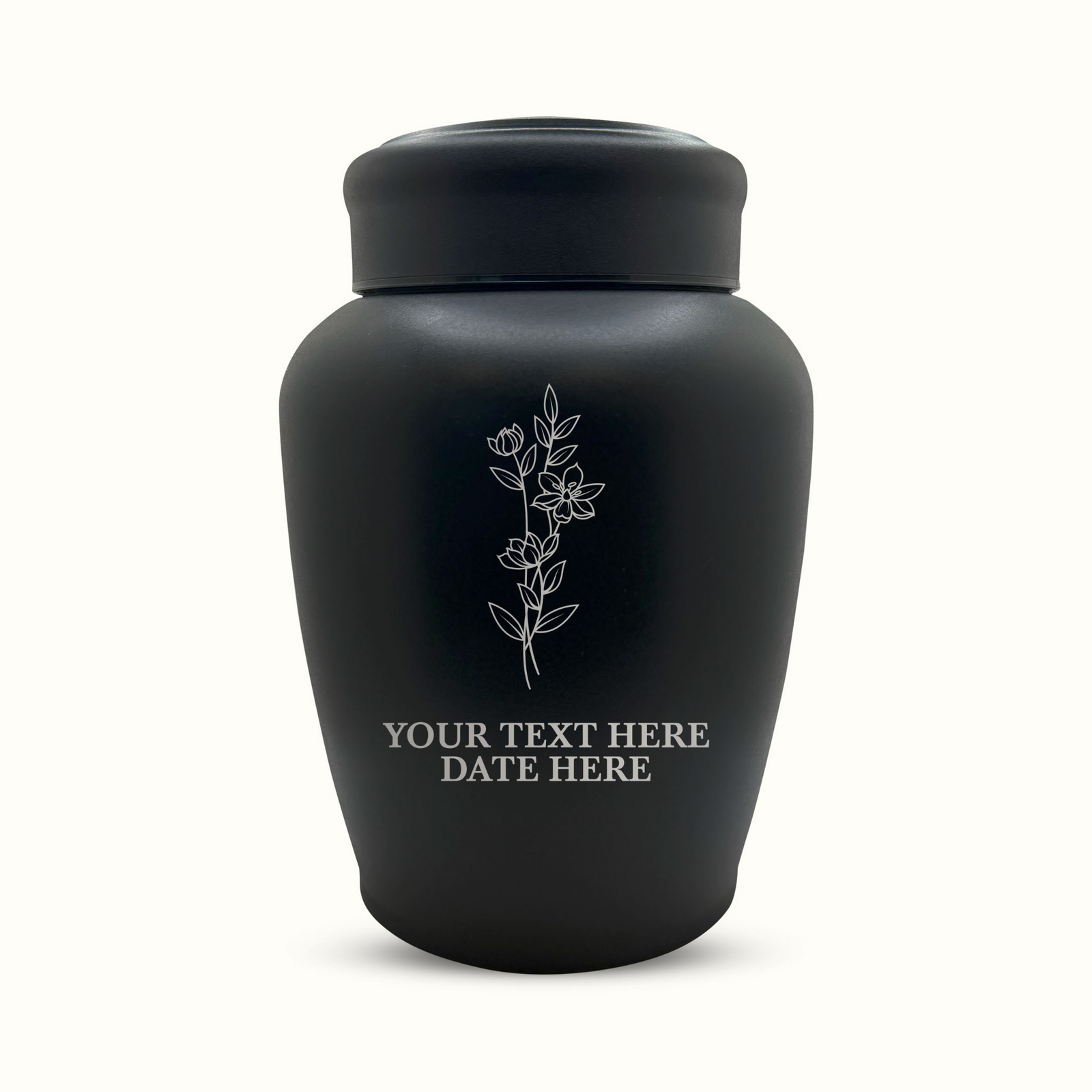 Custom Engraved Stainless Steel Human Urn with Memorial Floral Design - Black Powder Coated Finish - 150 Cubic Inch