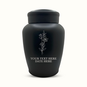 Custom Engraved Stainless Steel Human Urn with Memorial Floral Design - Black Powder Coated Finish - 150 Cubic Inch