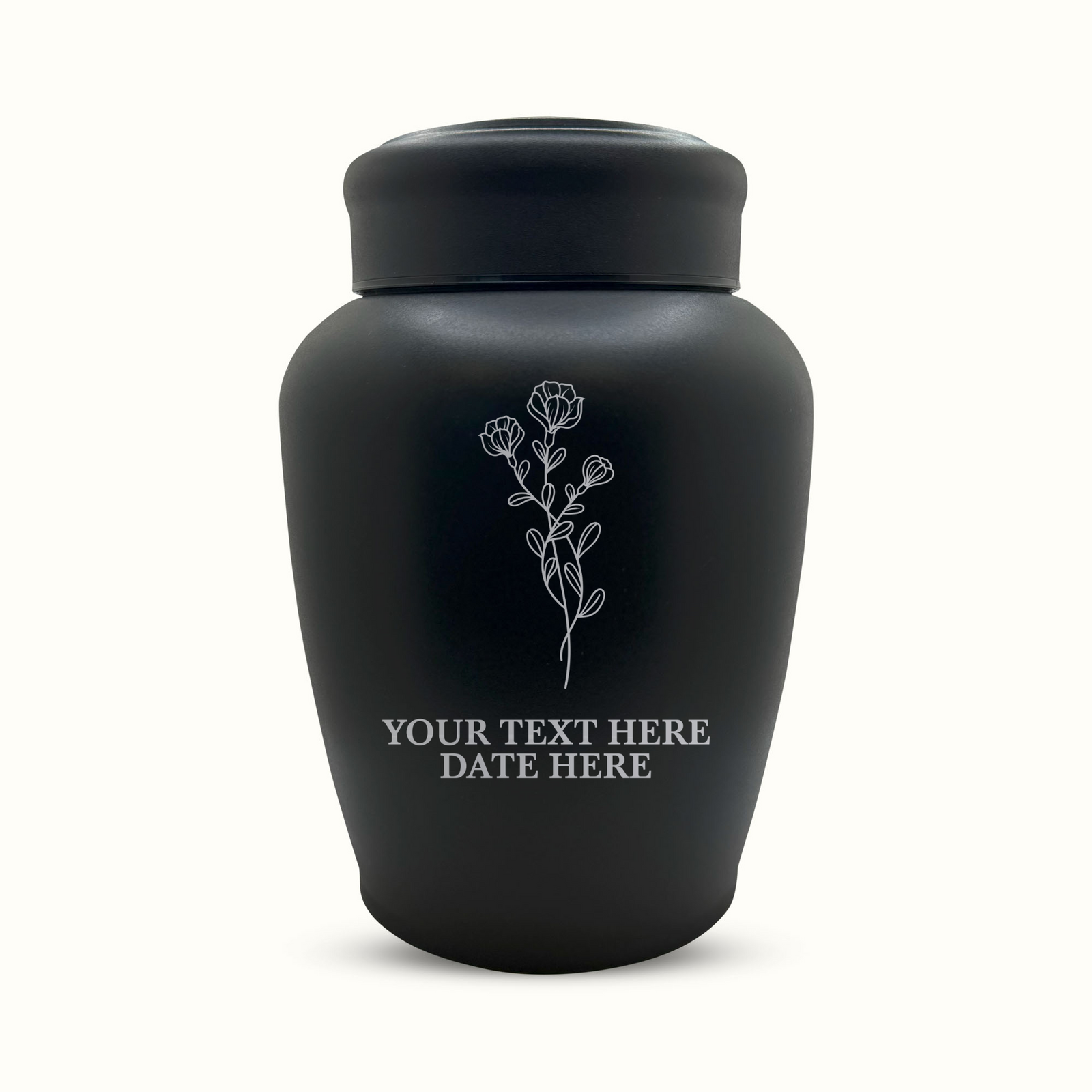 PERSONALIZED Custom Human Cremation Urn for Adult Ashes Men & Woman - Custom Engraved Stainless Steel Urn with Name Date - Black Finish urn for Human Remains-Memorial Floral 2