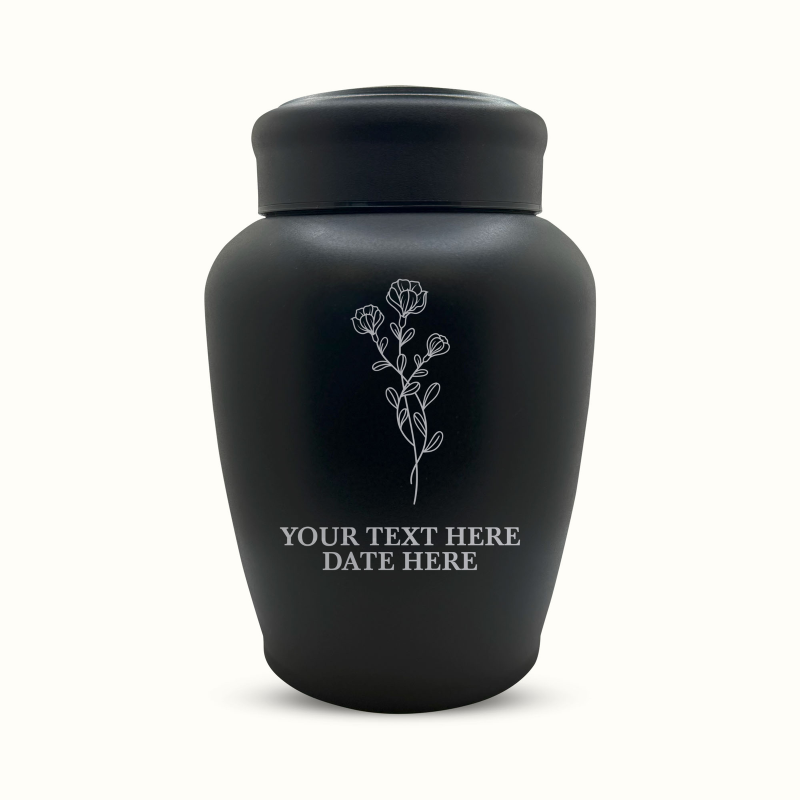 Custom Engraved Stainless Steel Human Urn with Memorial Floral Design - Black Powder Coated Finish - 150 Cubic Inch