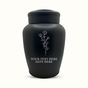 Custom Engraved Stainless Steel Human Urn with Memorial Floral Design - Black Powder Coated Finish - 150 Cubic Inch