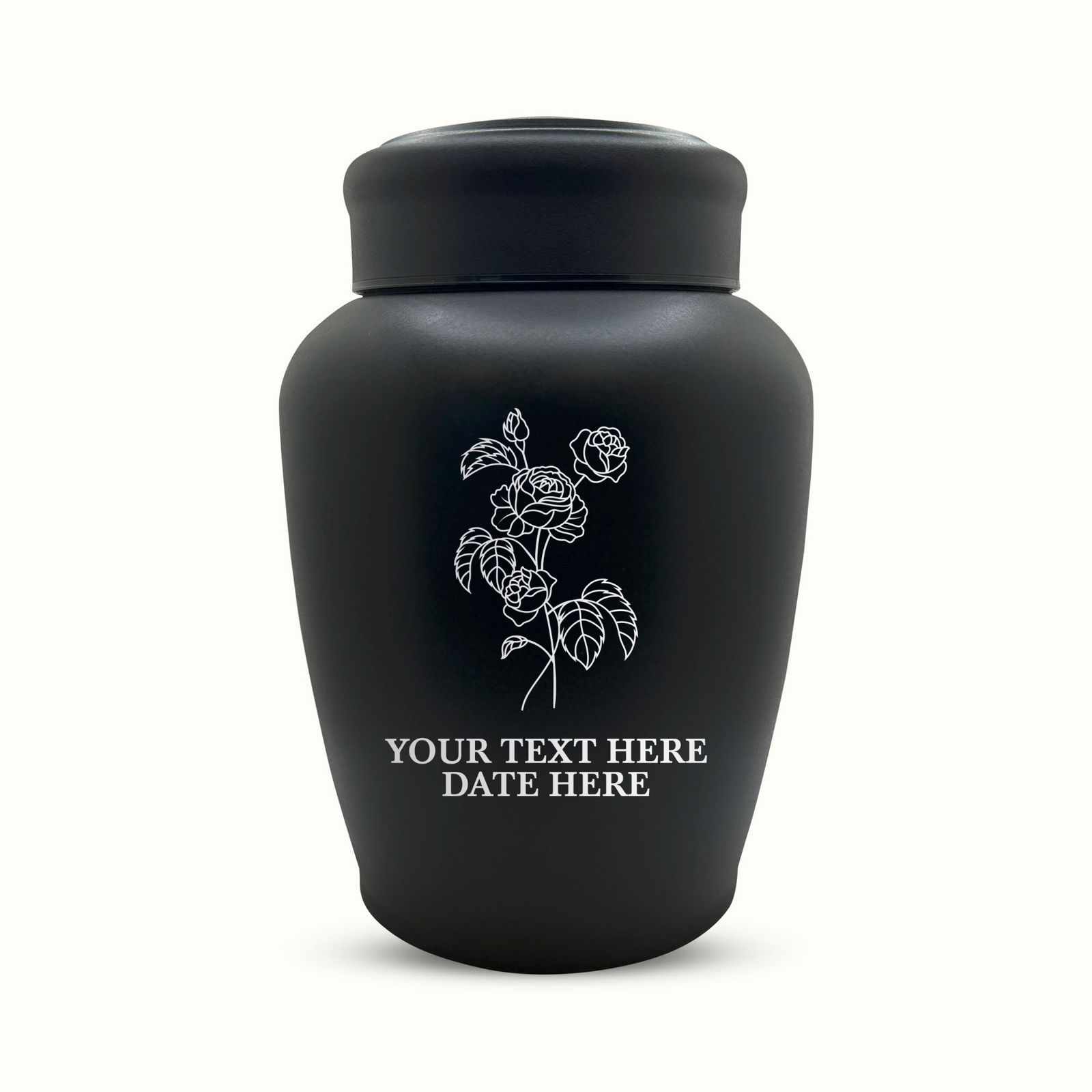 Custom Engraved Stainless Steel Human Urn with Memorial Floral Design - Black Powder Coated Finish - 150 Cubic Inch