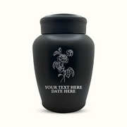 Custom Engraved Stainless Steel Human Urn with Memorial Floral Design - Black Powder Coated Finish - 150 Cubic Inch