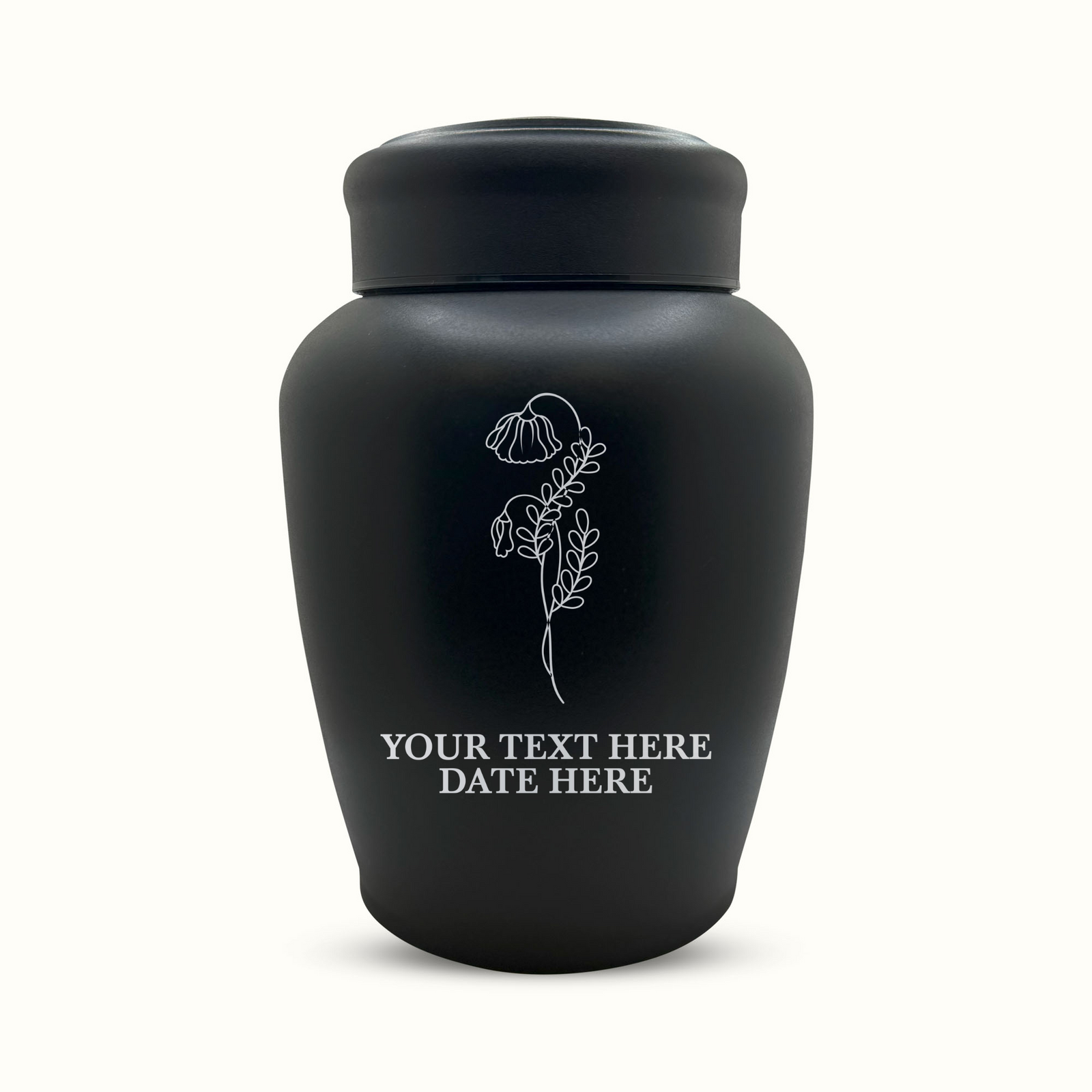 Custom Engraved Stainless Steel Human Urn with Memorial Floral Design - Black Powder Coated Finish - 150 Cubic Inch