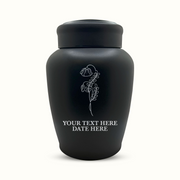 Custom Engraved Stainless Steel Human Urn with Memorial Floral Design - Black Powder Coated Finish - 150 Cubic Inch