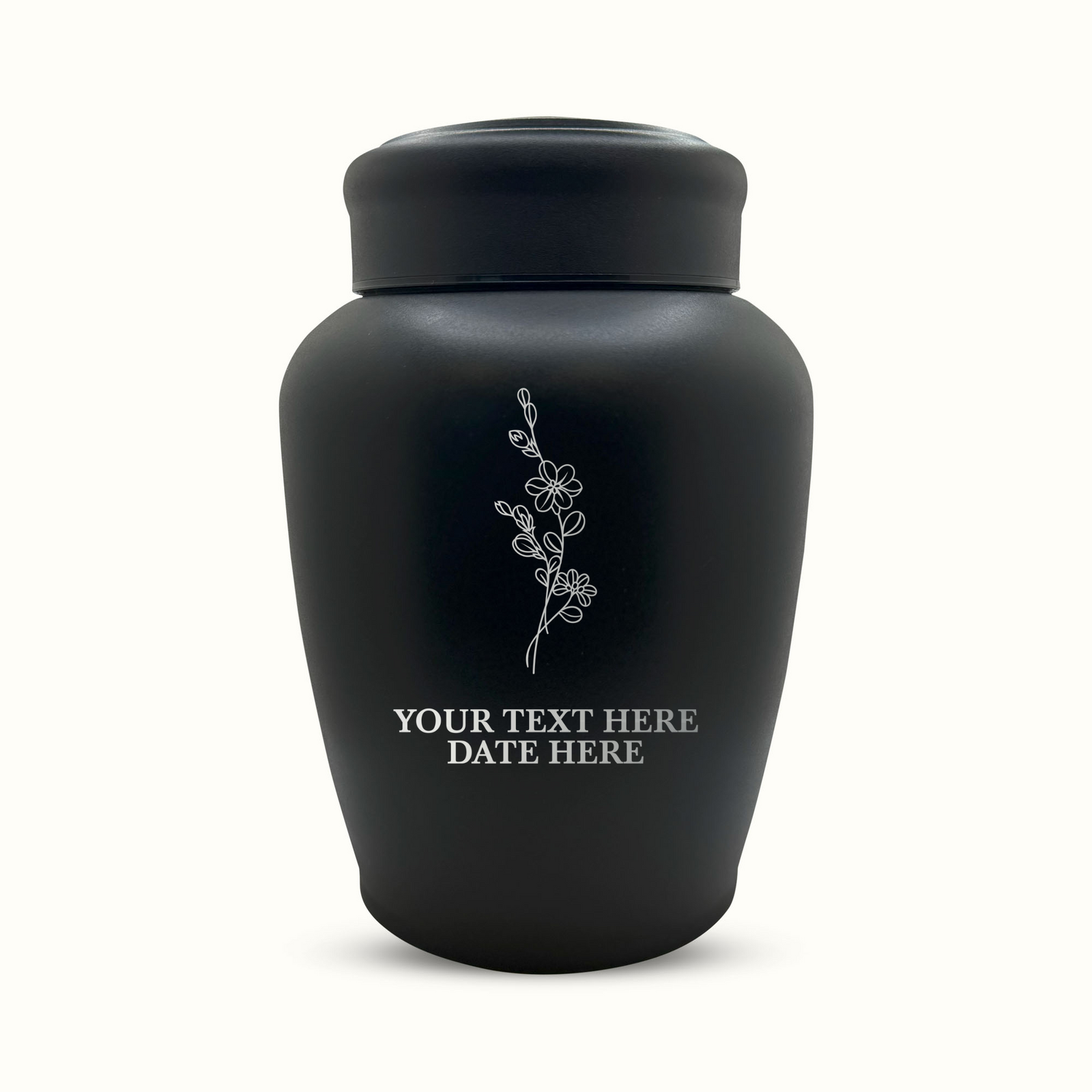 Custom Engraved Stainless Steel Human Urn with Memorial Floral Design - Black Powder Coated Finish - 150 Cubic Inch