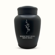 Custom Engraved Stainless Steel Human Urn with Memorial Floral Design - Black Powder Coated Finish - 150 Cubic Inch