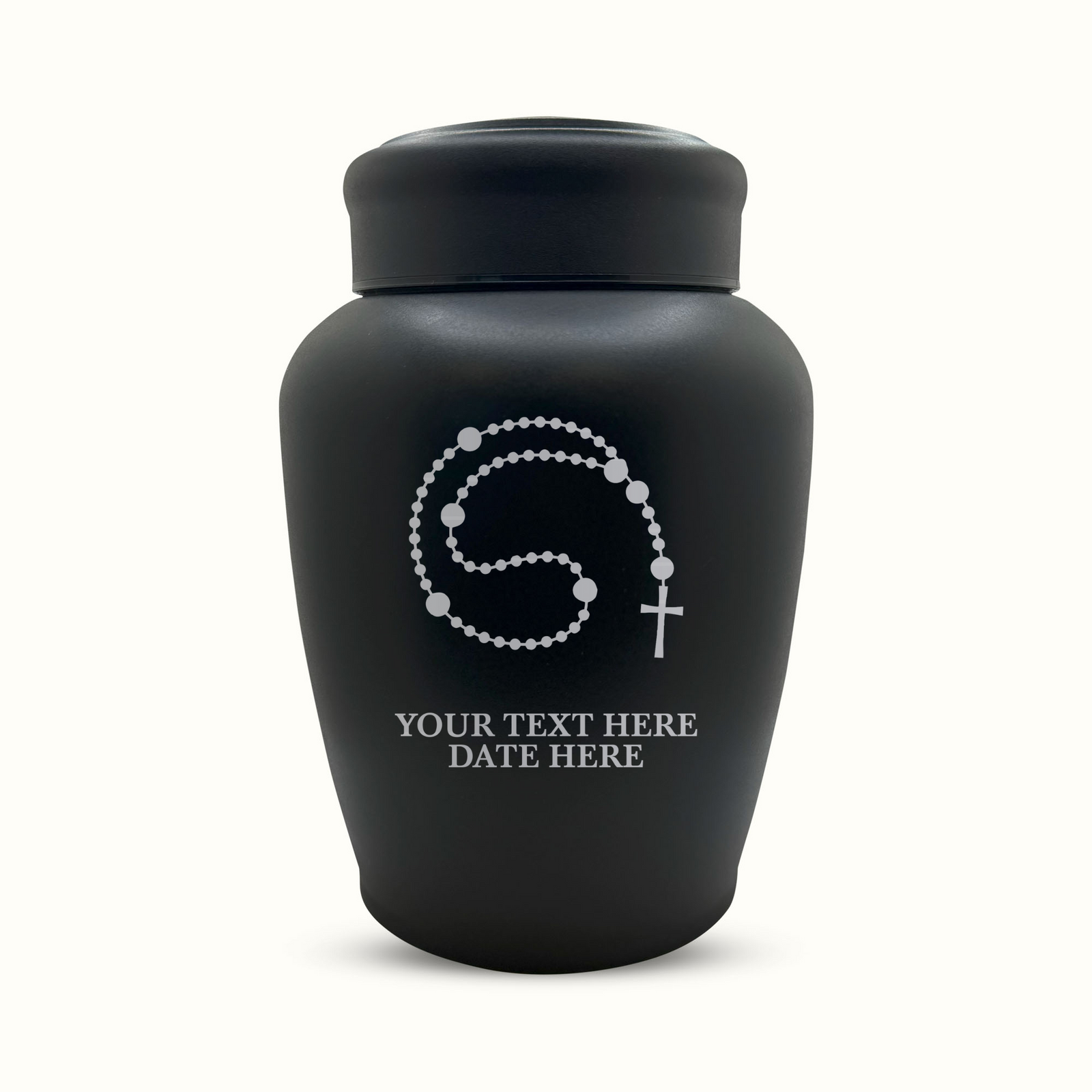Custom Engraved Stainless Steel Human Urn with Rosary Design - Black Powder Coated Finish - 150 Cubic Inch