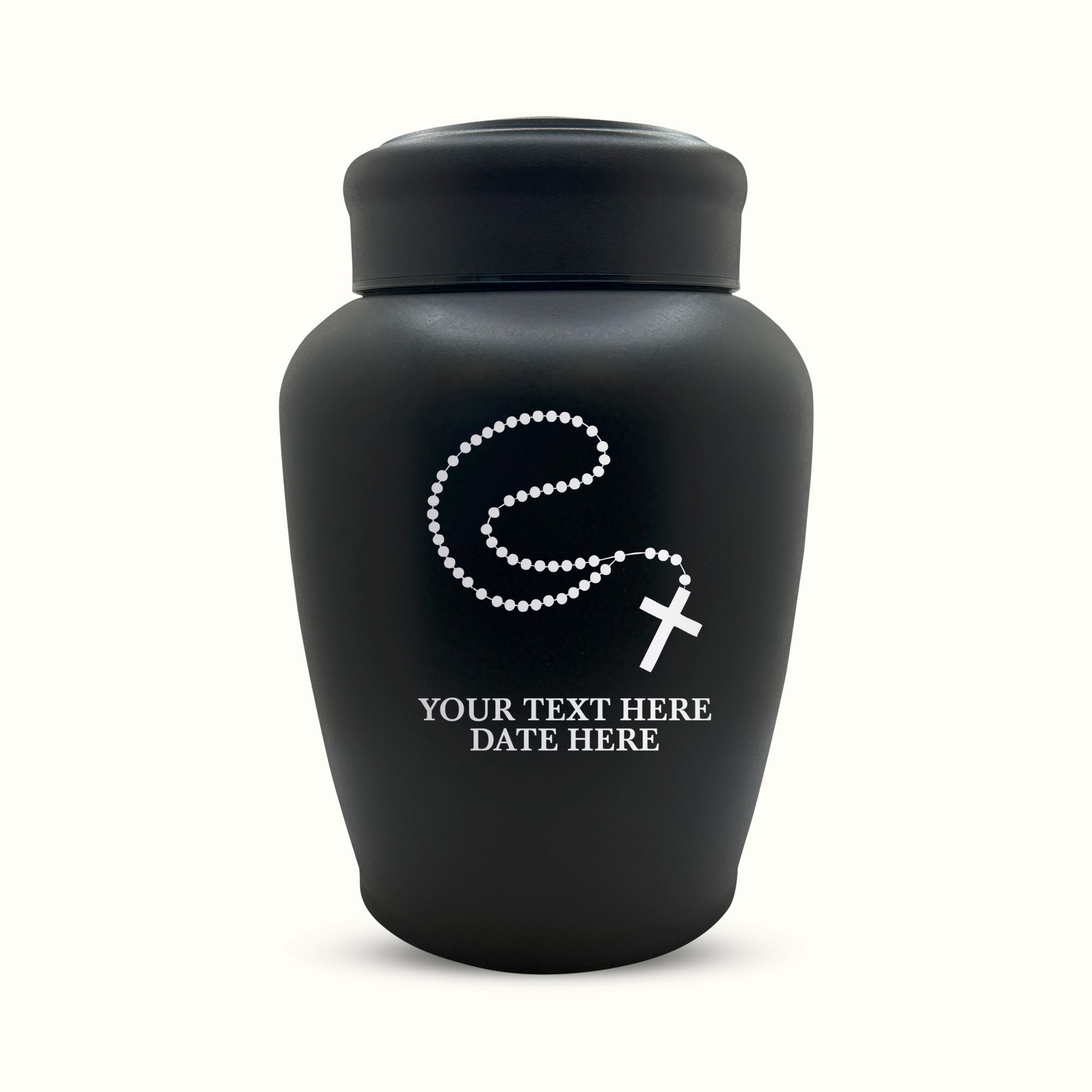 Custom Engraved Stainless Steel Human Urn with Rosary Design - Black Powder Coated Finish - 150 Cubic Inch