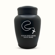 Custom Engraved Stainless Steel Human Urn with Rosary Design - Black Powder Coated Finish - 150 Cubic Inch