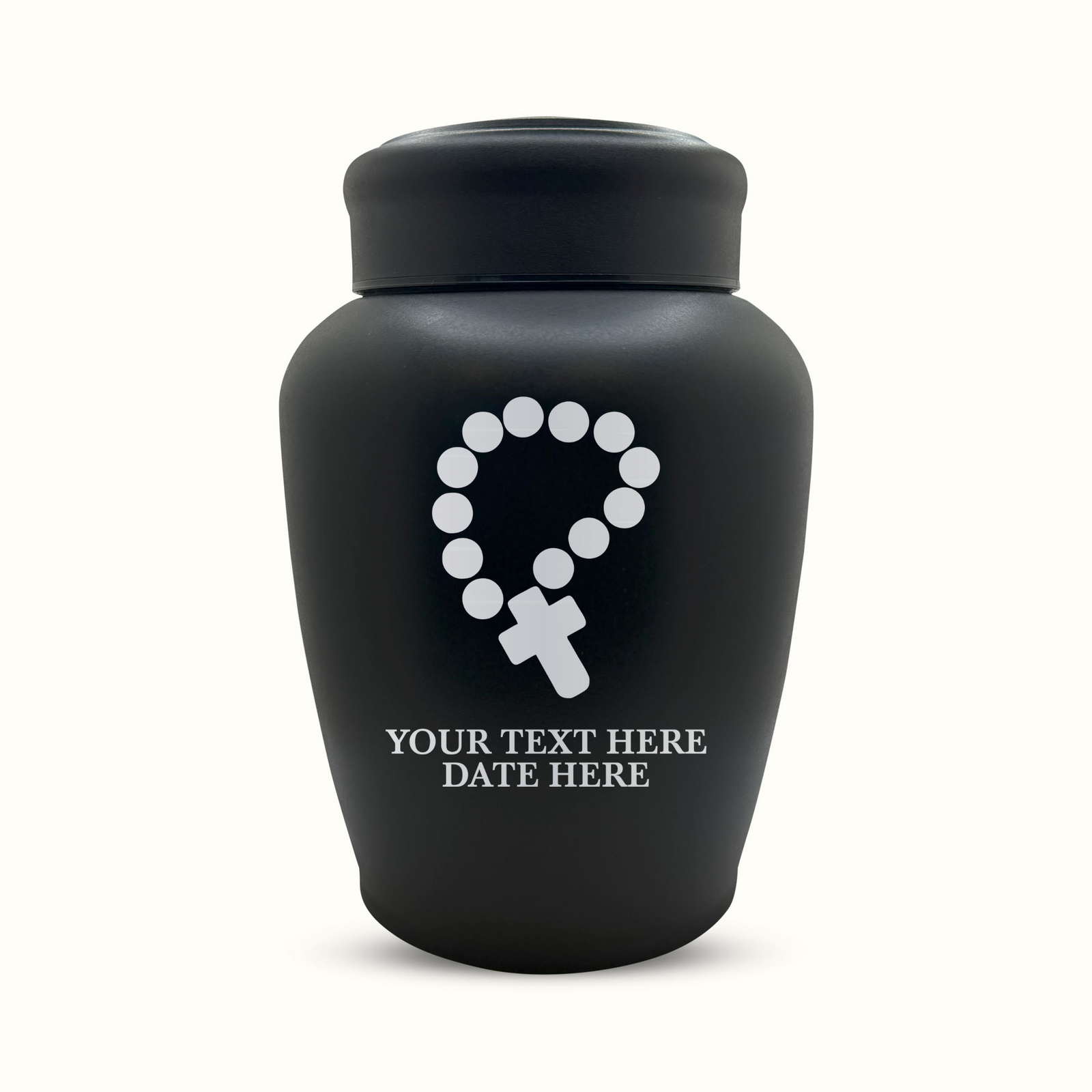 Custom Engraved Stainless Steel Human Urn with Rosary Design - Black Powder Coated Finish - 150 Cubic Inch