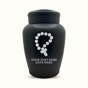 Custom Engraved Stainless Steel Human Urn with Rosary Design - Black Powder Coated Finish - 150 Cubic Inch