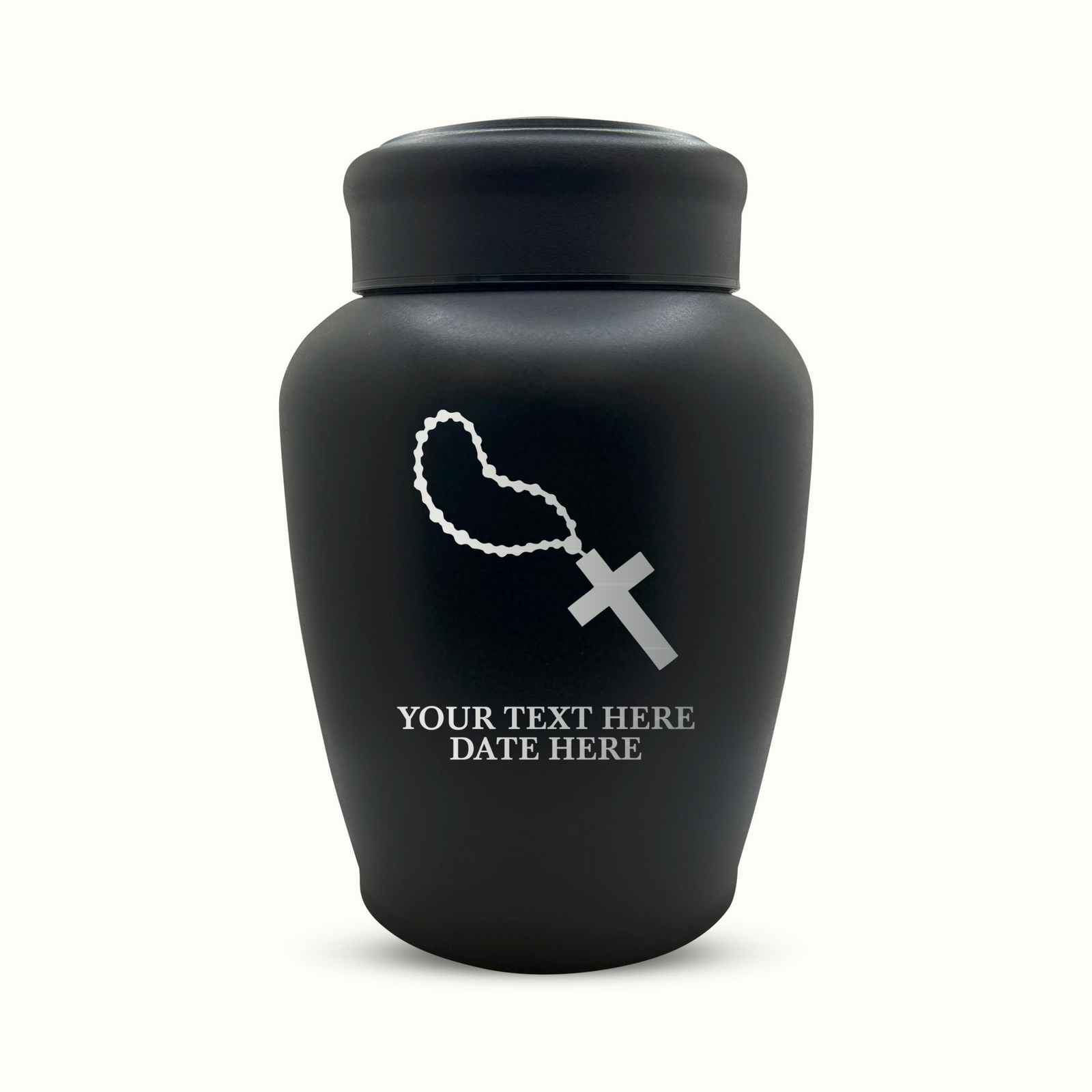 Custom Engraved Stainless Steel Human Urn with Rosary Design - Black Powder Coated Finish - 150 Cubic Inch