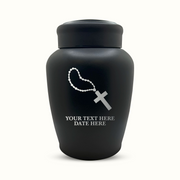 Custom Engraved Stainless Steel Human Urn with Rosary Design - Black Powder Coated Finish - 150 Cubic Inch
