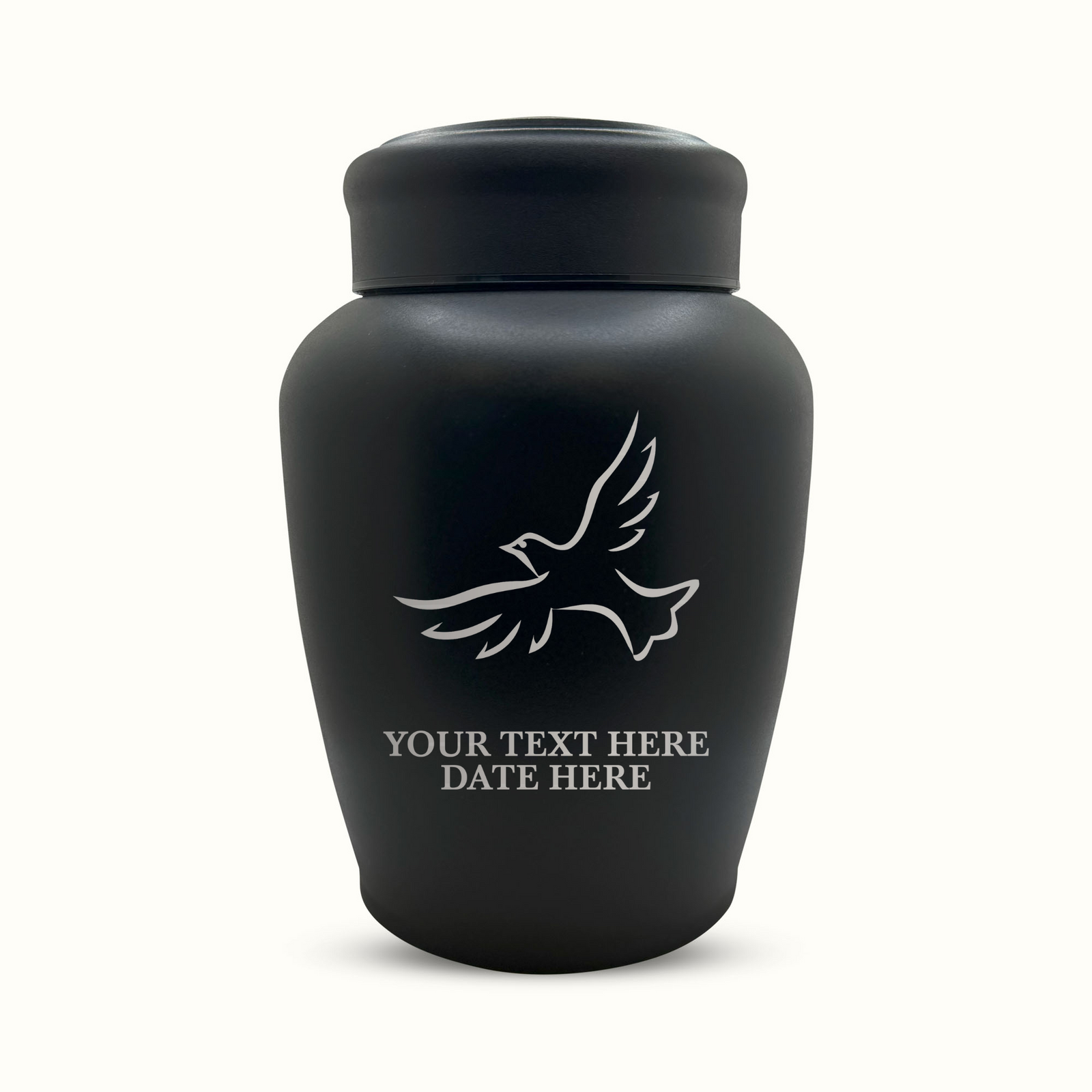 Custom Engraved Stainless Steel Human Urn with Memorial Dove Design - Black Powder Coated Finish - 150 Cubic Inch
