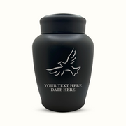 Custom Engraved Stainless Steel Human Urn with Memorial Dove Design - Black Powder Coated Finish - 150 Cubic Inch
