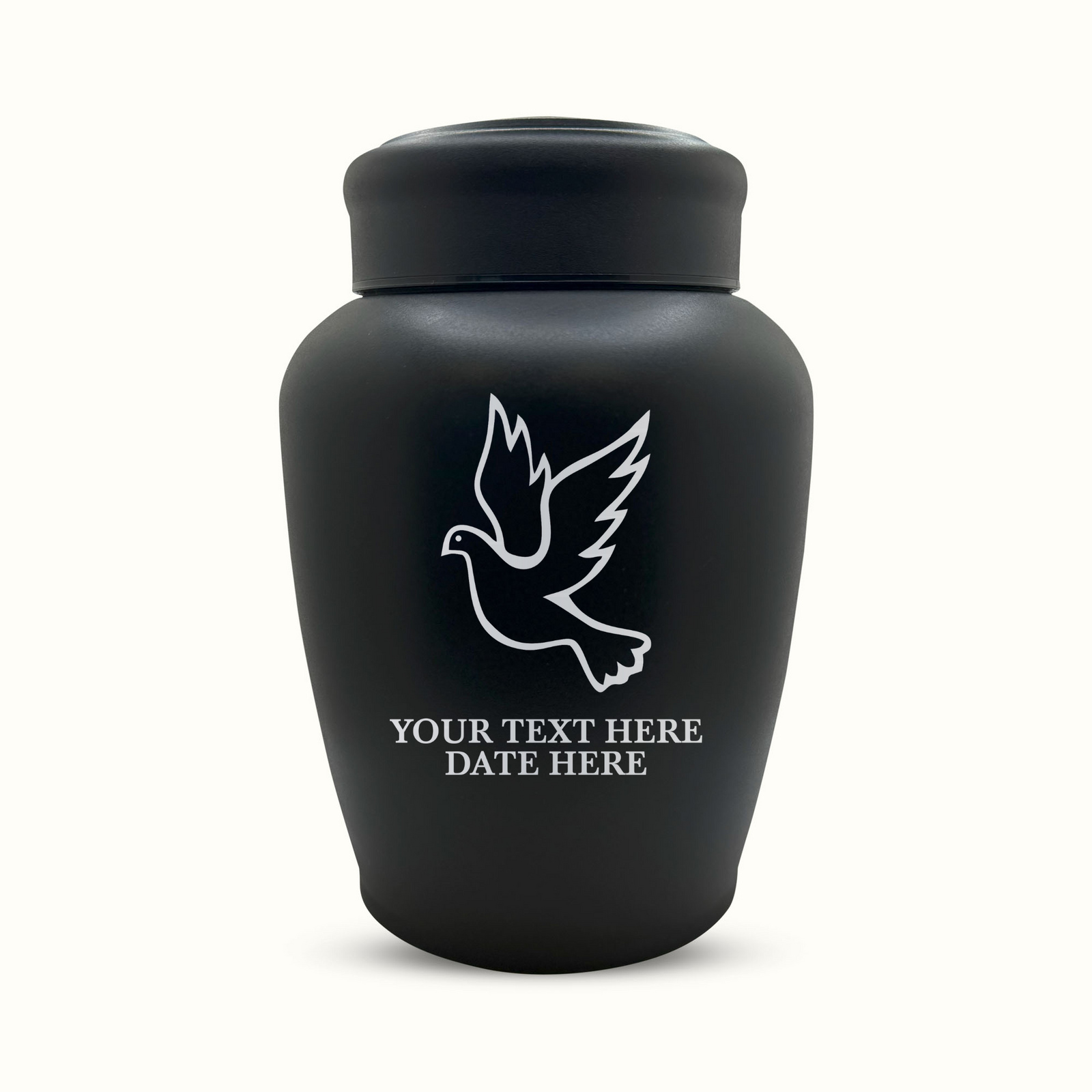 Custom Engraved Stainless Steel Human Urn with Memorial Dove Design - Black Powder Coated Finish - 150 Cubic Inch