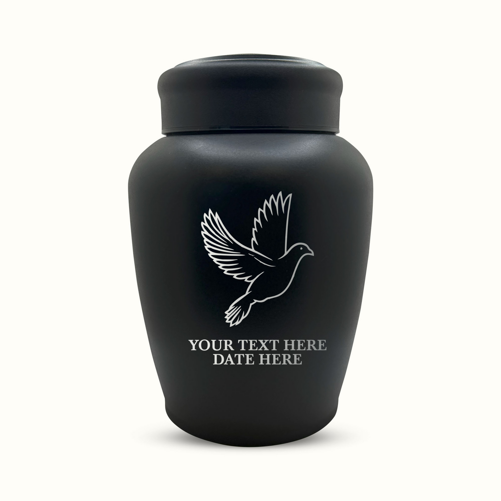 Custom Engraved Stainless Steel Human Urn with Memorial Dove Design - Black Powder Coated Finish - 150 Cubic Inch