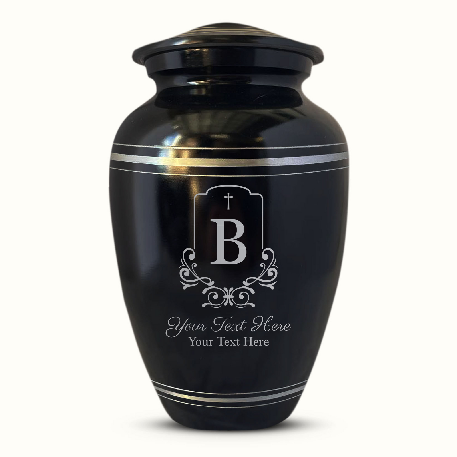 Custom Aluminum Human Urn - Headstone Designs - Polished Silver Rim - 200 Cubic Inch
