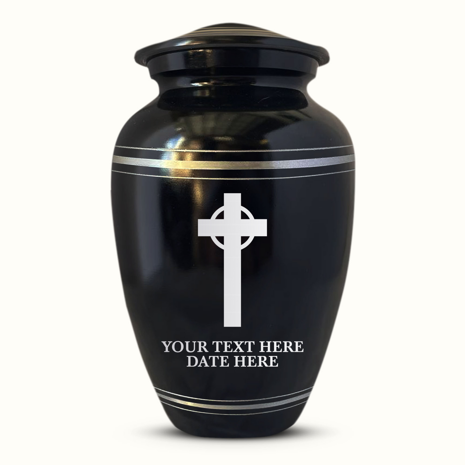 Custom Aluminum Human Urn - Memorial Cross Design - Polished Silver Rim - 200 Cubic Inch