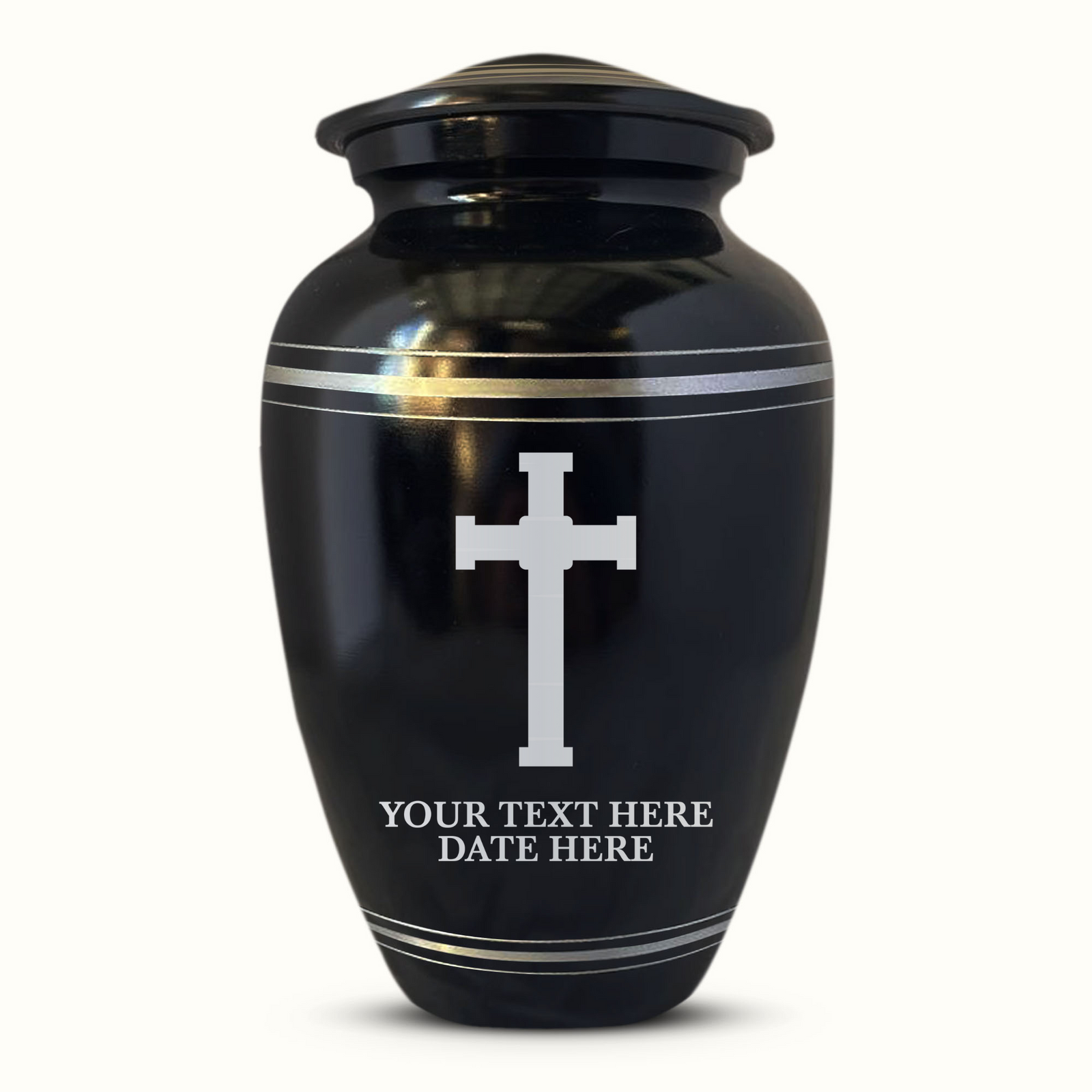 Custom Aluminum Human Urn - Memorial Cross Design - Polished Silver Rim - 200 Cubic Inch