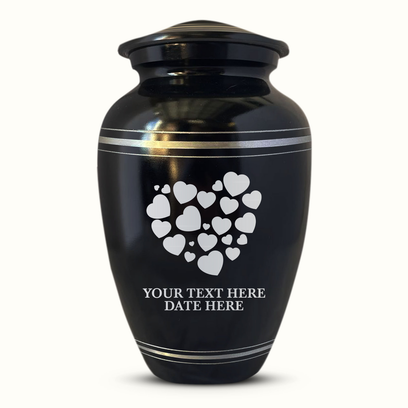 Personalized Custom Human Cremation Urn For Adult Ashes Men & Woman - Engraved Aluminum Urn with Heart Designs - Polished Finish Vessel for Human Remains Up to 200 Lbs | Polished Silver Rim