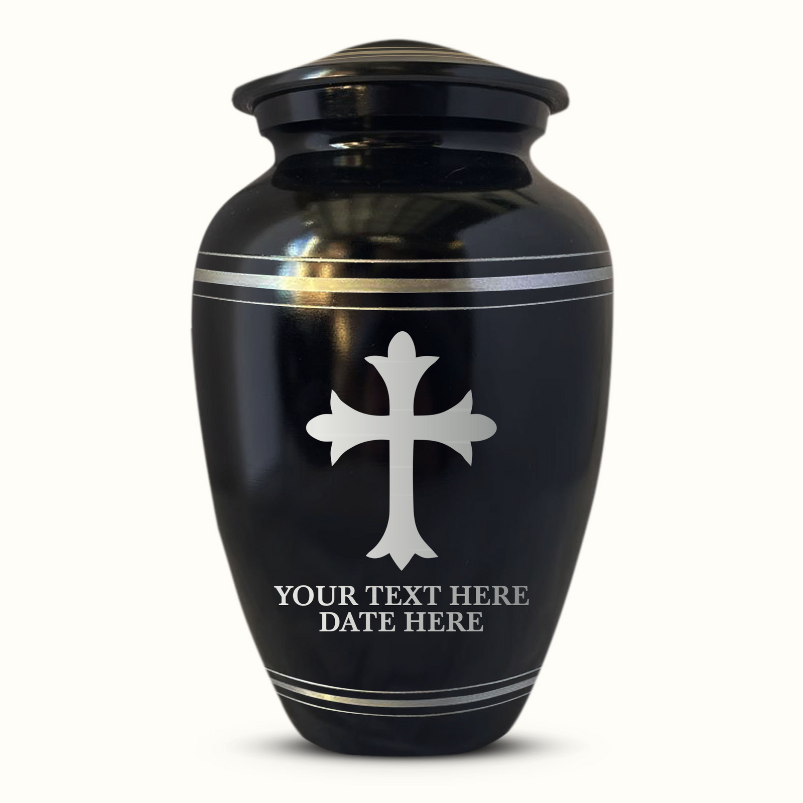Custom Aluminum Human Urn - Memorial Cross Design - Polished Silver Rim - 200 Cubic Inch