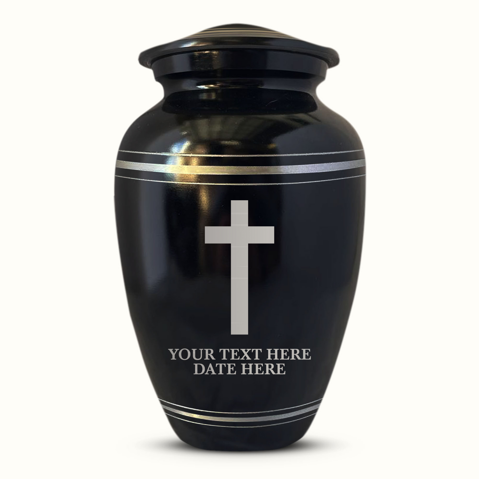 Custom Aluminum Human Urn - Memorial Cross Design - Polished Silver Rim - 200 Cubic Inch