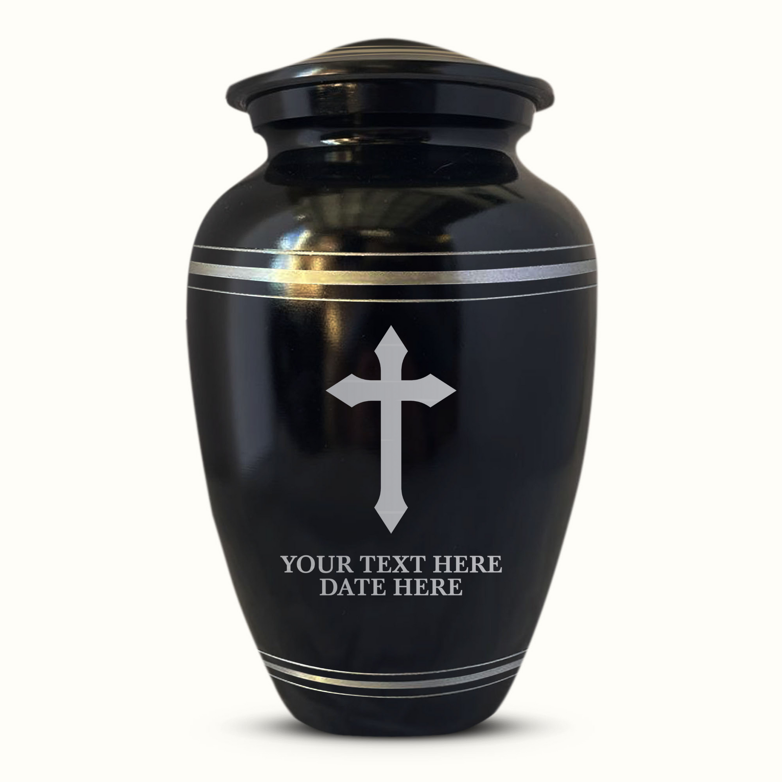 Custom Aluminum Human Urn - Memorial Cross Design - Polished Silver Rim - 200 Cubic Inch