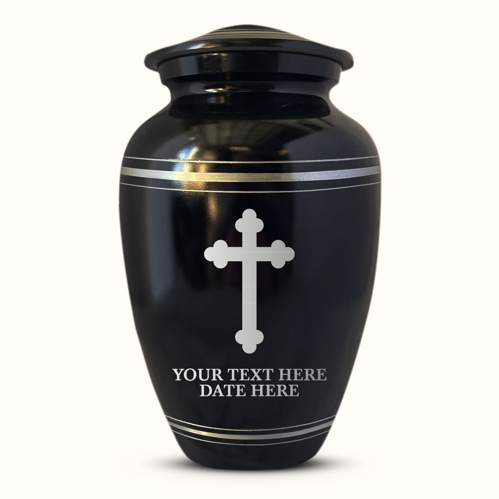 Custom Aluminum Human Urn - Memorial Cross Design - Polished Silver Rim - 200 Cubic Inch