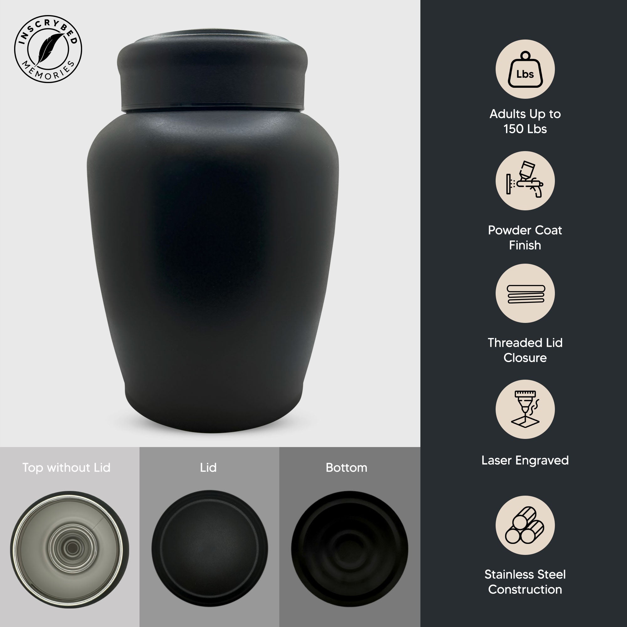 PERSONALIZED Custom Human Cremation Urn for Adult Ashes Men & Woman - Custom Engraved Stainless Steel Urn with Memorial Cross Design - Black Finish urn for Human Remains