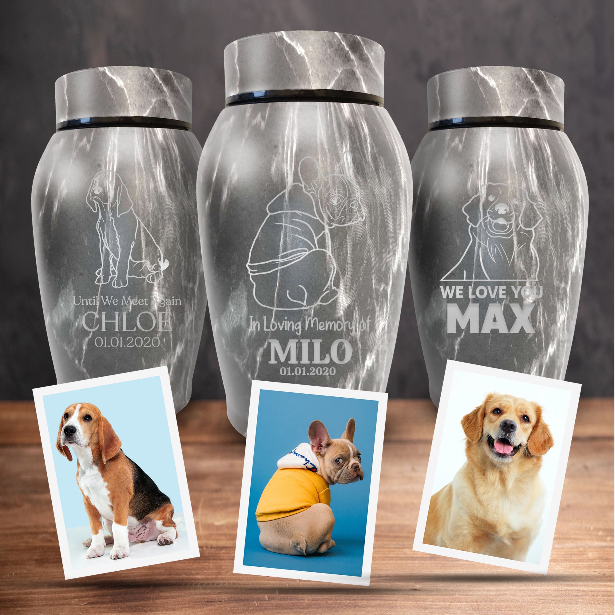 Custom Engraved Pet Photo/Image Stone Gray Pet Memorial Urn - Personalized Textured Cremation Urn - Stainless Steel Urn for Dog Memorial Ashes | Gray