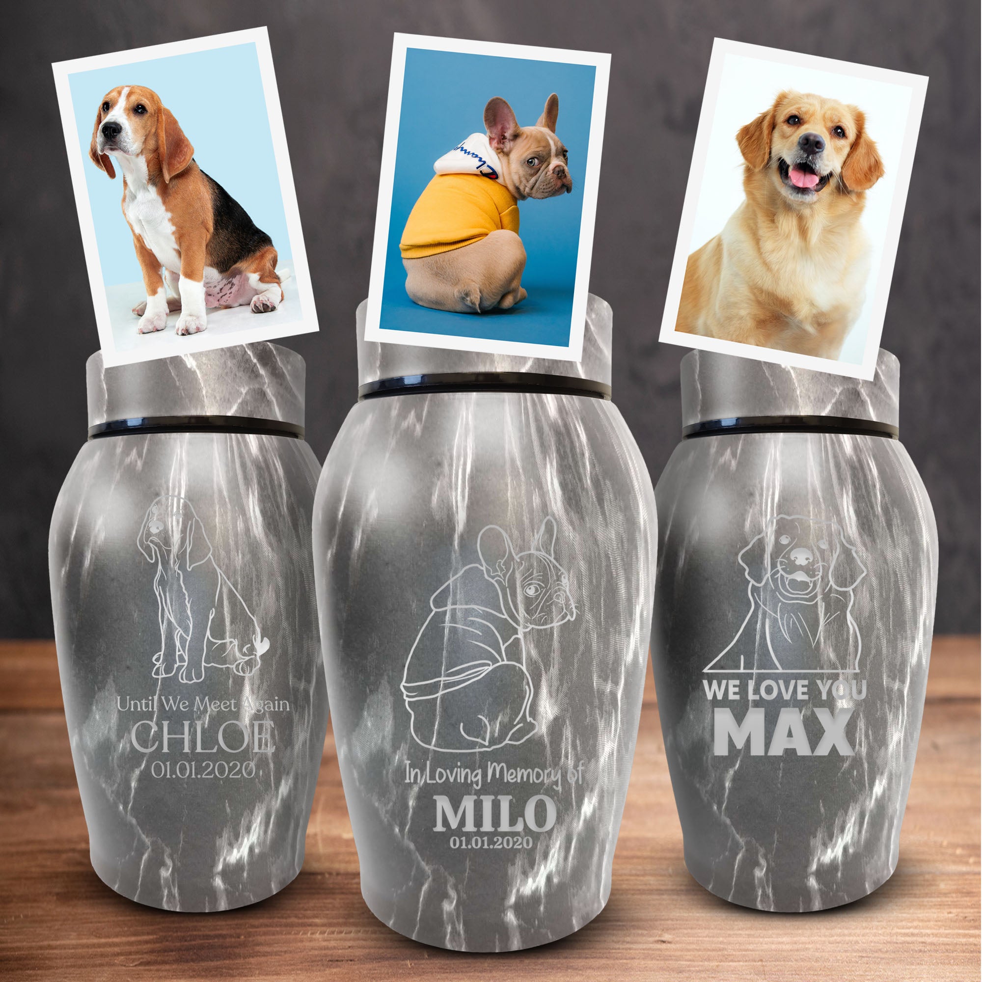 Custom Engraved Pet Photo/Image Stone Gray Pet Memorial Urn - Personalized Textured Cremation Urn - Stainless Steel Urn for Dog Memorial Ashes | Gray