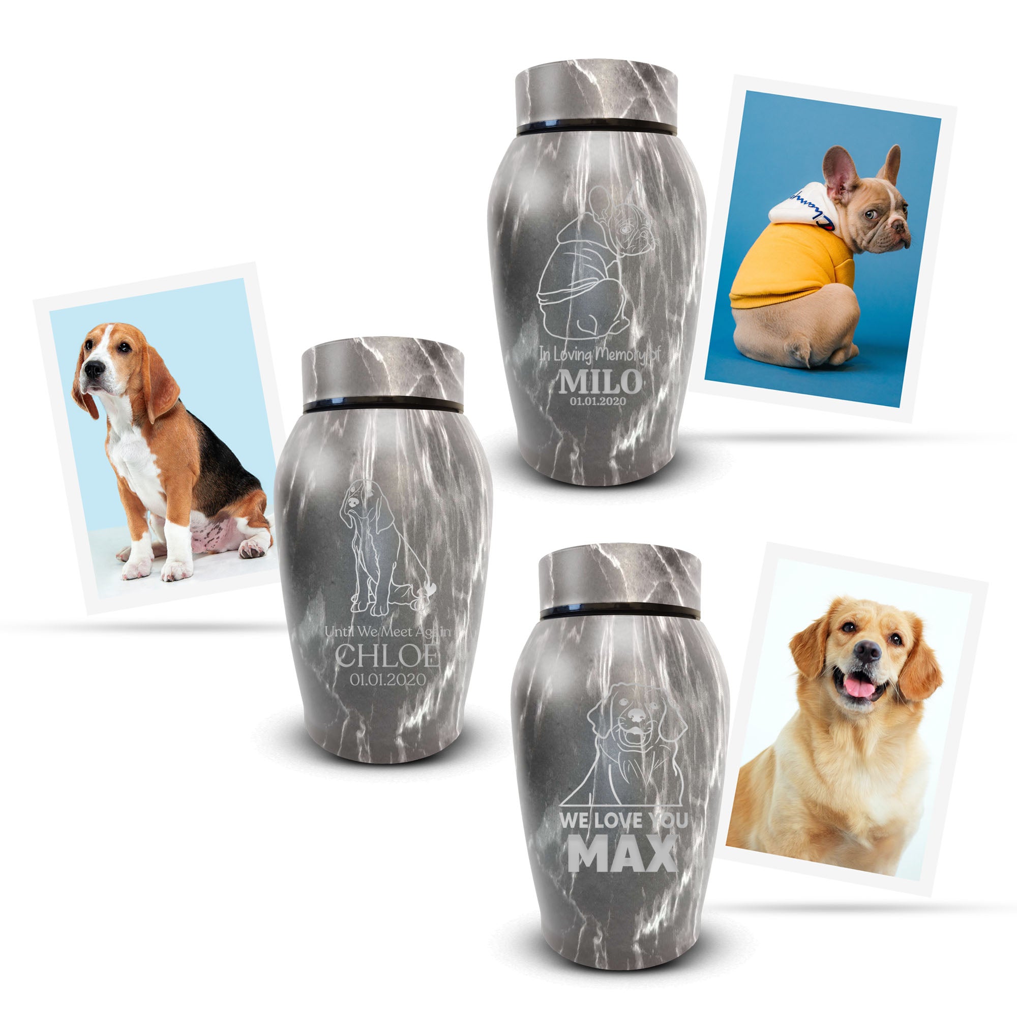 Custom Engraved Pet Photo/Image Stone Gray Pet Memorial Urn - Personalized Textured Cremation Urn - Stainless Steel Urn for Dog Memorial Ashes | Gray