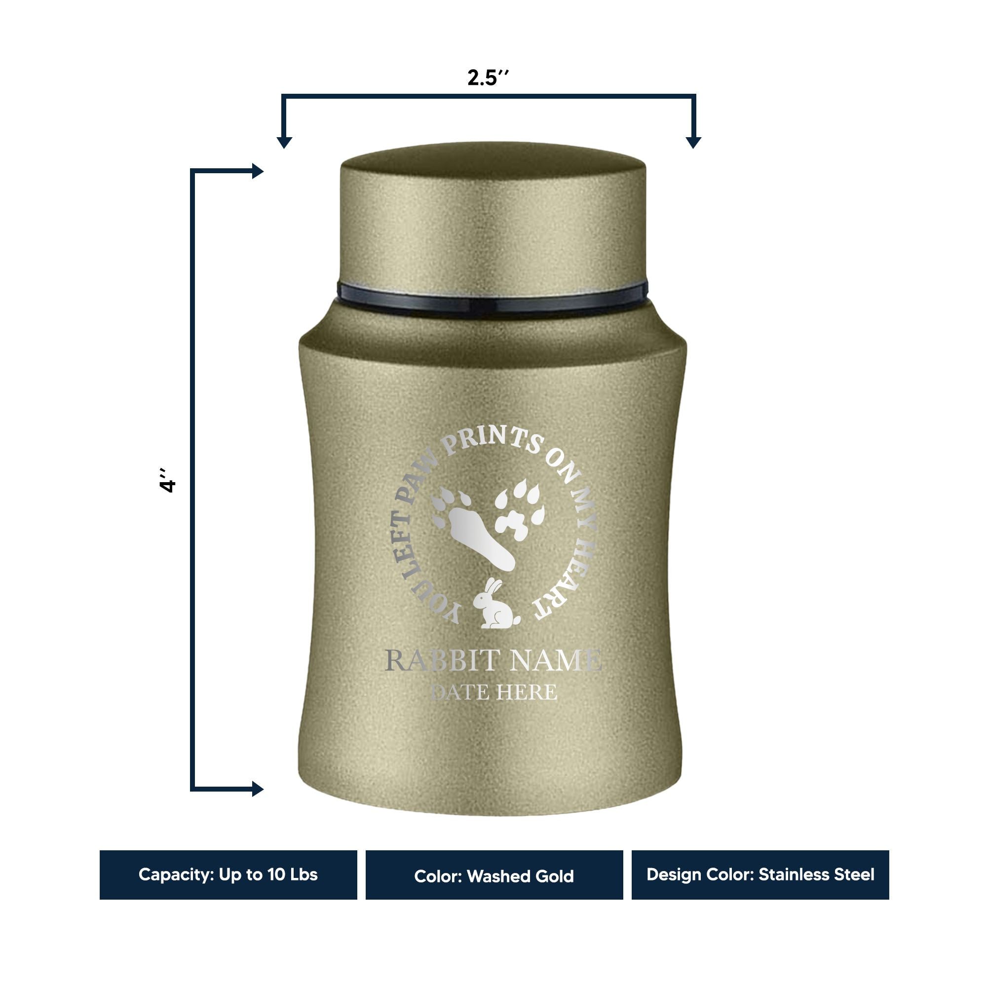 Custom Small Pet Urn for Rabbits - Laser Engraved - Fit up to 10lbs - Powder Coated Stainless Steel Urn