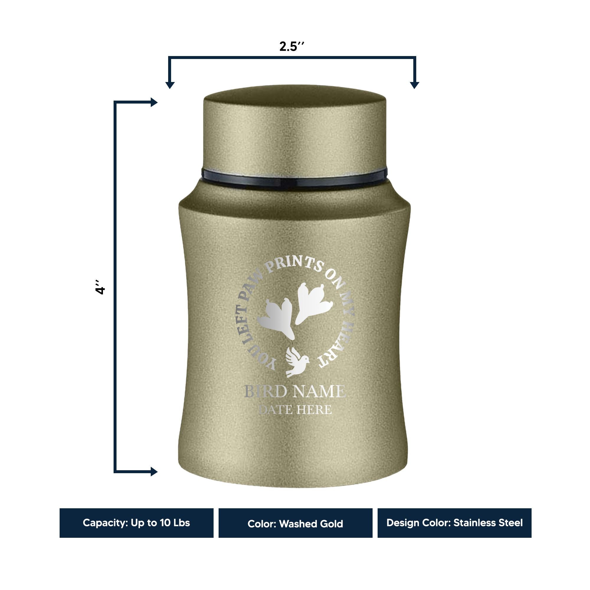 Custom Small Pet Urn for Brids - Laser Engraved - Fit up to 10lbs - Powder Coated Stainless Steel Urn