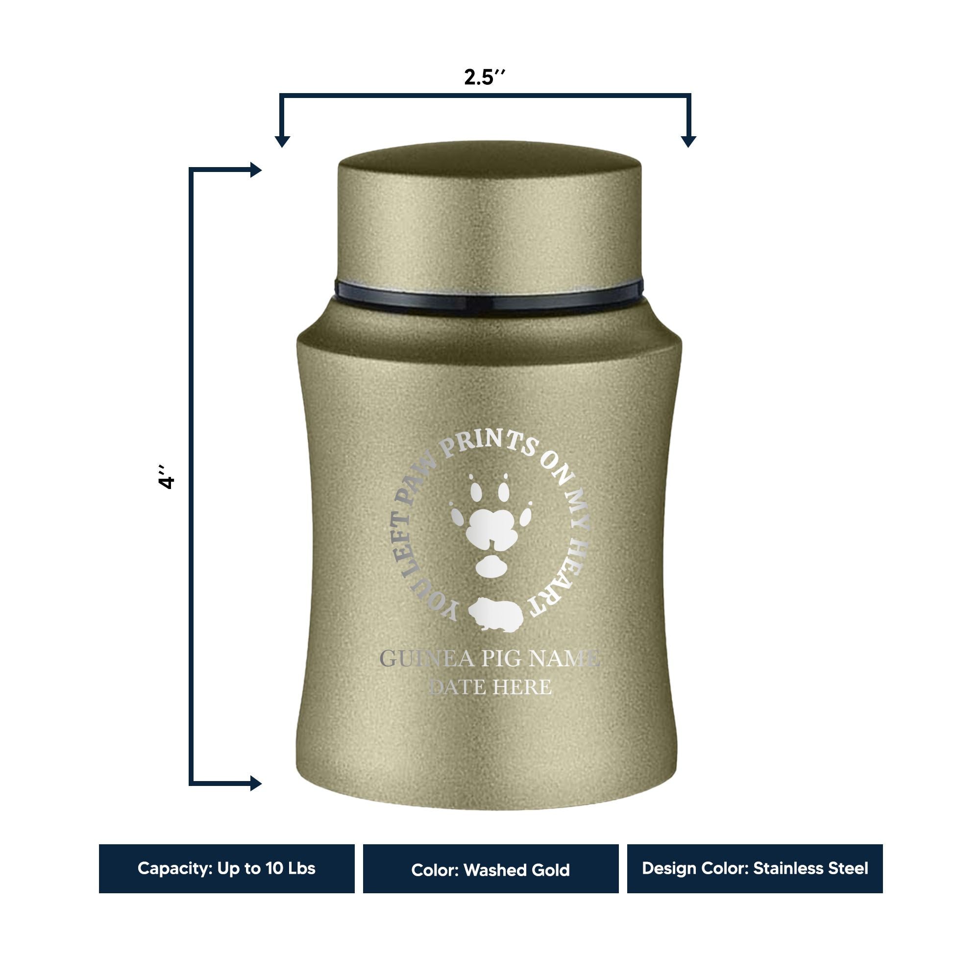Custom Small Pet Urn for Guinea Pigs - Laser Engraved - Fit up to 10lbs - Powder Coated Stainless Steel Urn