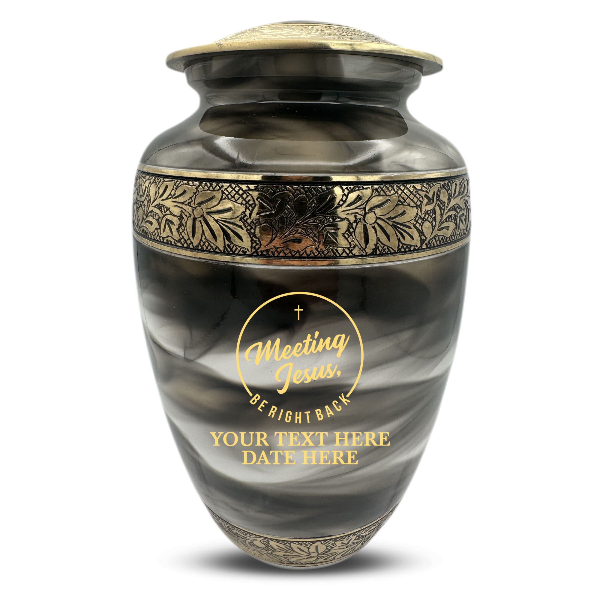 Custom Aluminum Cremation Urn for Human Ashes - Suzesta Pearl White Memorial Urn - Funny Religious Design - 200 Cubic Inch