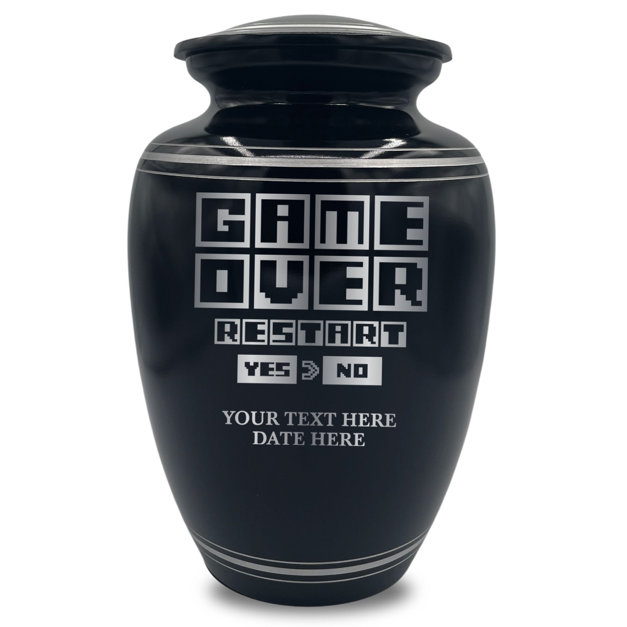 Human Cremation Urn - 350 Cubic Inch Capacity - Black with Silver Rim | Gaming Memorial Collection