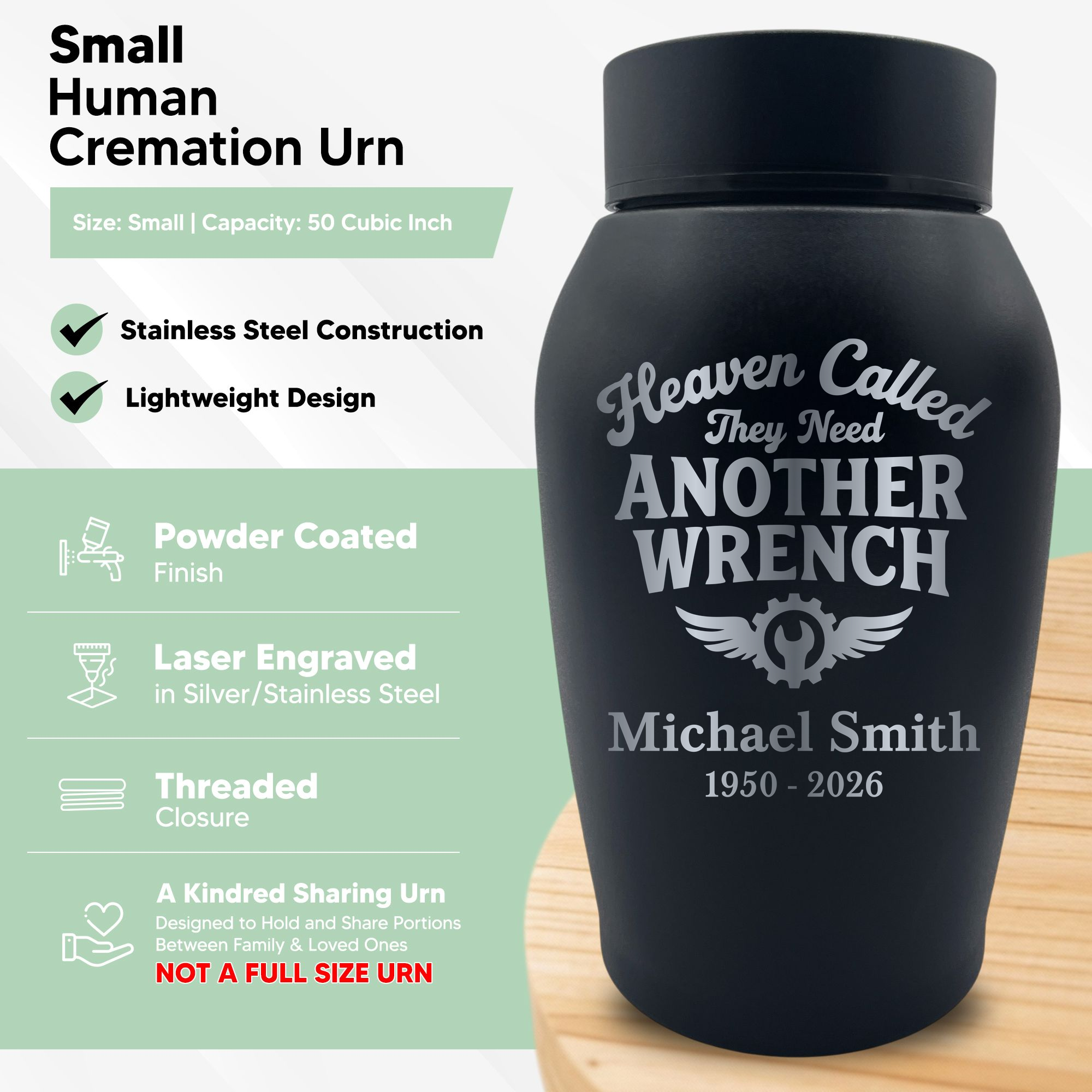 Small Human Cremation Urn for Ashes | Sharing Urn, 50 Cubic Inch | Car Mechanic Collection 2