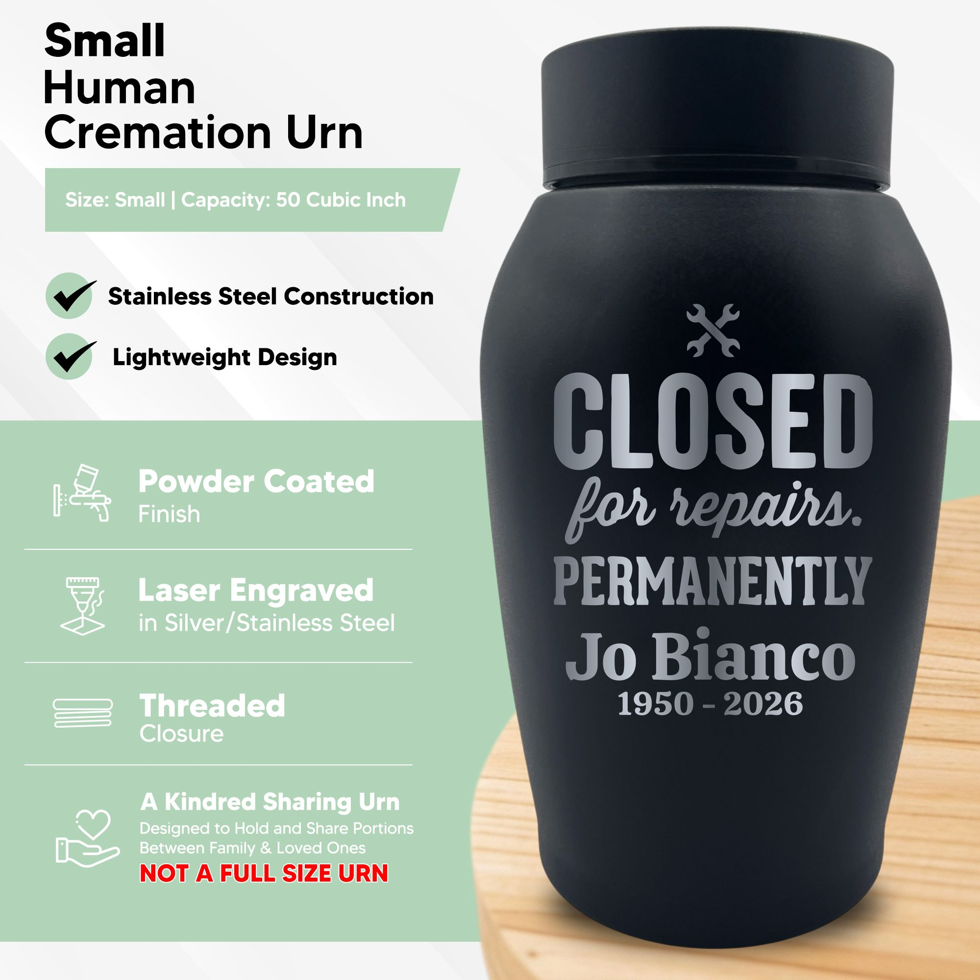 Small Human Cremation Urn for Ashes | Sharing Urn, 50 Cubic Inch | Car Mechanic Collection 3
