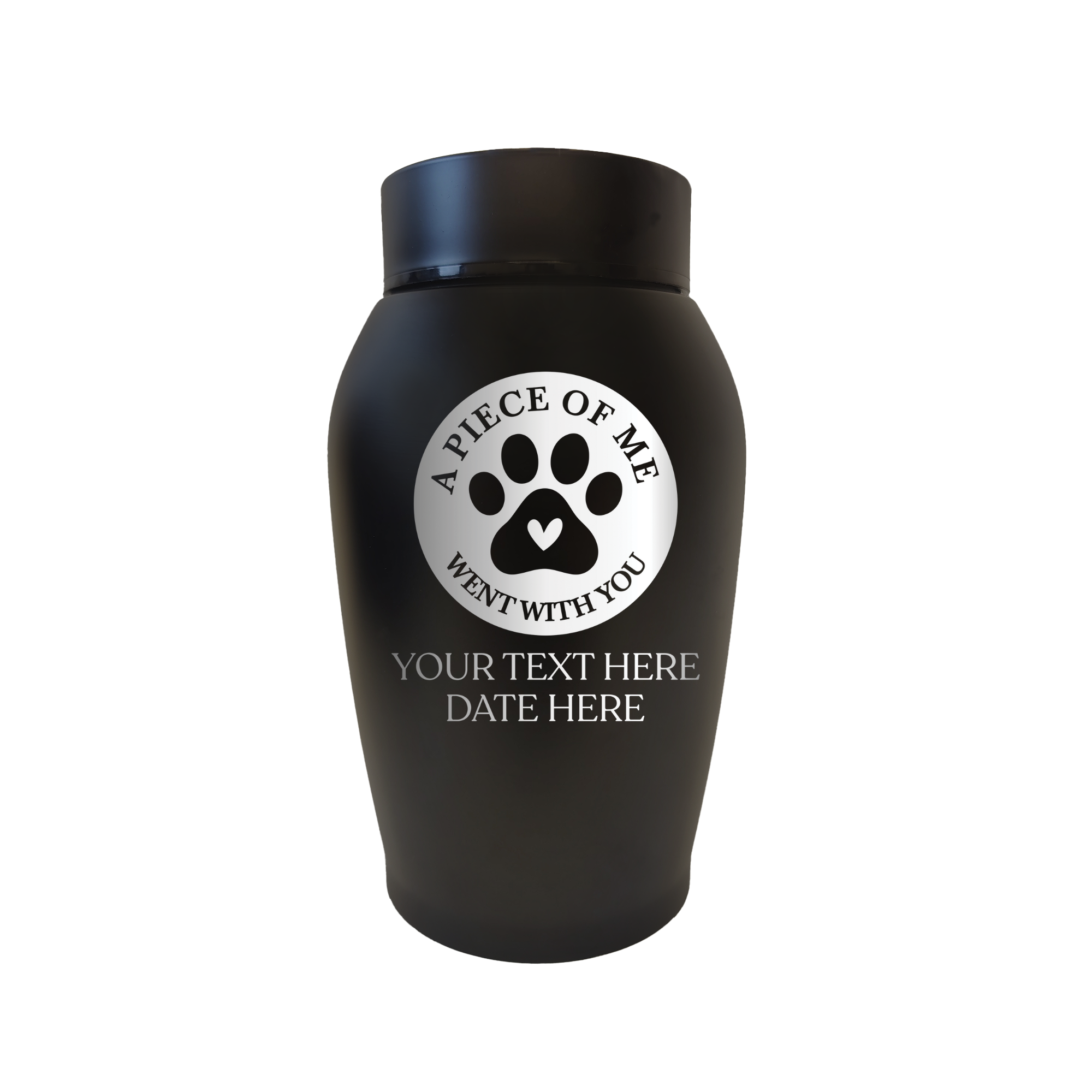 Personalized Custom Stainless Steel Pet Urn with Airtight Closure Cap for Cats | Engraved Cat Design, Name and Date - Cremation Cat Urn for Ashes |  Typography + Cat Paw , Black