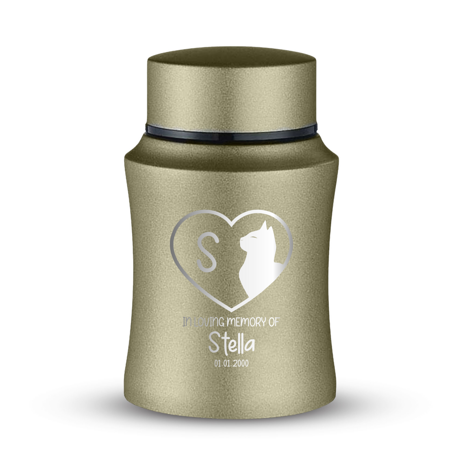 Customized Small Keepsake Urn Personalized Engraved with Pet Name, Date, and Text - 4" Cremation Mini Compact Urn for Cats Ashes, 5–10 Lbs Capacity | Washed Gold, Cat silhouette inside Heart Shape